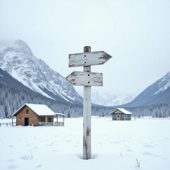In a serene winter wonderland, a weathered signpost stands tall in soft snow, leading travelers towards Snow Mountain North, surrounded by quaint wooden cabins Generative AI