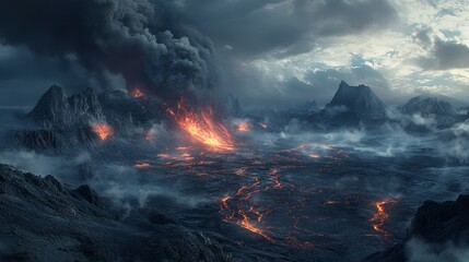 Fototapeta premium dramatic volcanic landscape where lava flows illuminate the ground, and ash clouds rise into the sky, Generative AI