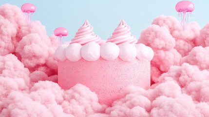 the image presents a whimsical scene with a round, frosted pink object at its center, decorated with white spheres and swirling pink toppings. the entire setting is enveloped in fluffy