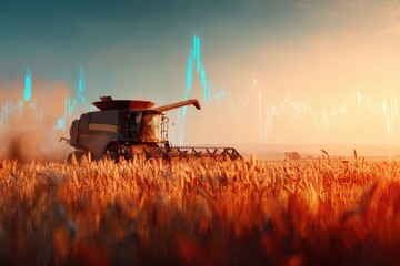 Fototapeta premium Combine harvester cutting golden wheat with stock market graph at sunset in rural field