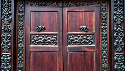 Intricate carvings adorn a weathered, aged Chinese wooden door,  gate,   decorative