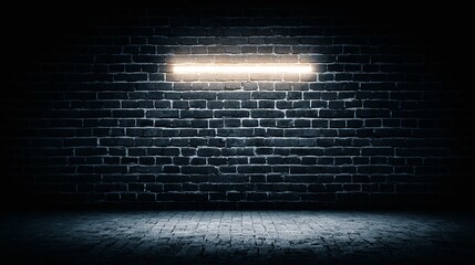 Illuminated rectangle on a dark brick wall with a dark floor.