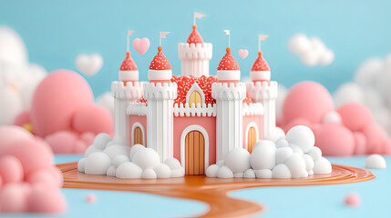 the image showcases a whimsical castle surrounded by soft, fluffy clouds. the castle is pink and white with orange accents