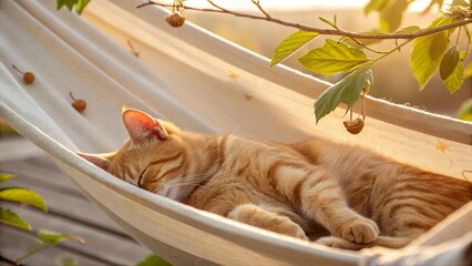 Adorable ginger cat sleeping peacefully in a hammock under sunlight. Relaxed feline enjoying nap time in cozy outdoor setting. Cute pet portrait in warm natural light.