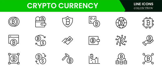 Modern vector web line icons depicting cryptocurrency, blockchain, digital wallets, coins, and secure transactions for innovative financial technology.