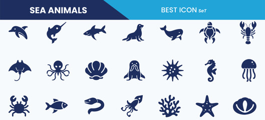 Sea animals icon set collection. Fish, dolphin, whale, shark, squid, octopus, turtle, jellyfish and vector illustration.