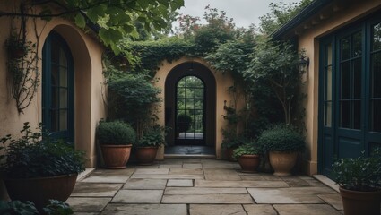 Entering the patio garden with empty copy space for text