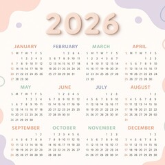 Minimalist 2026 Calendar with All Months in Pastel Tones on Clean Background