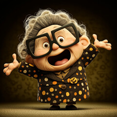 Cartoon elderly woman with glasses and polka dot jacket smiling with outstretched arms in a room
