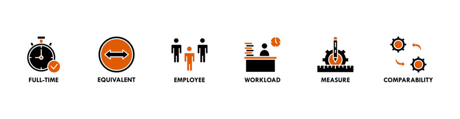 Fte banner web icon vector illustration concept of full time equivalent with icon of full-time, equivalent, employee, workload, measure and comparability