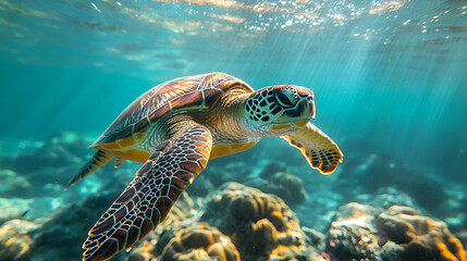 Obraz premium Sea turtle swimming in underwater coral reef environment.