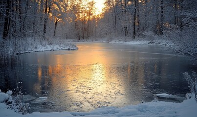 peaceful frozen lake reflecting the golden light of the setting sun, with frosted trees framing the edges, Generative AI