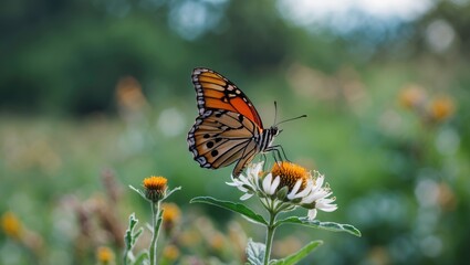 Obraz premium Blurred Image, Butterfly on Wild Flower with Green Nature Background