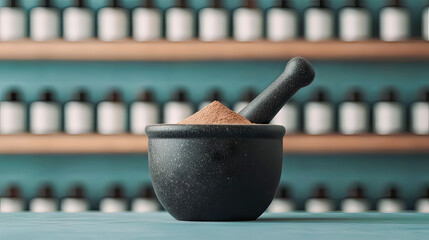 the image features a dark stone mortar and pestle, with the mortar filled with brown powder