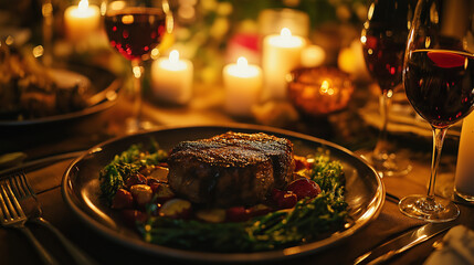 Romantic Dinner Real Aesthetic Wallpaper Background with Candlelight and Steak