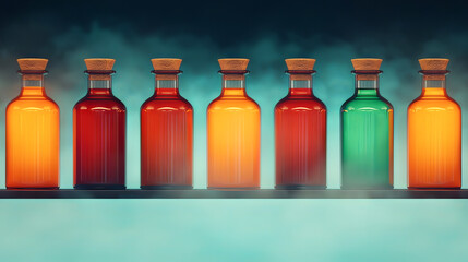 the image shows a collection of bottles arranged on a dark shelf. the bottles are filled with colored liquids