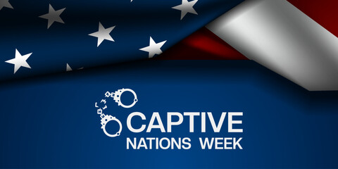 Captive Nations Week. American flag and handcuffs. Suitable for posters, banners and social media. Blue background.