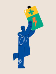 Man holding battery big. Colorful vector illustration
