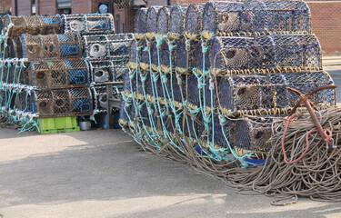 Stacks of Lobster and Crab Pots at a Fishing Harbour.