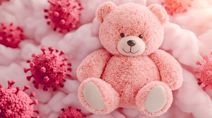 the image presents a pink stuffed animal bear seated amidst a soft, cloud like s