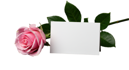 Pink rose with green leaves and a blank white card isolated on transparent background