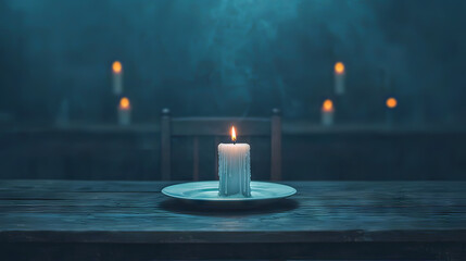 the image depicts a dimly lit, slightly misty scene with a moody atmosphere. at the center of the composition, a partially melted white candle stands on a dish