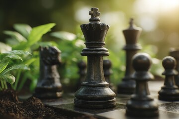 Fototapeta premium Chess pieces arranged outdoors among plants symbolizing strategic planning