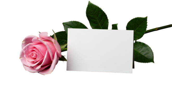Pink rose with green leaves and a blank white card isolated on transparent background