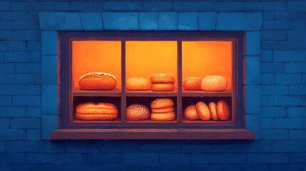 the image shows a window display with various baked goods. the window is set into a blue brick wall,