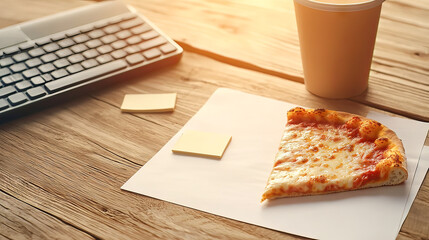 the image shows a slice of classic cheese pizza on a white paper, accompanied by a beverage in a paper cup