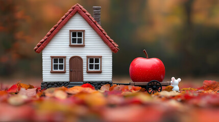 the picture is set in an autumn scene with colorful fallen leaves. a two story structure with a sloping roof is the main subject