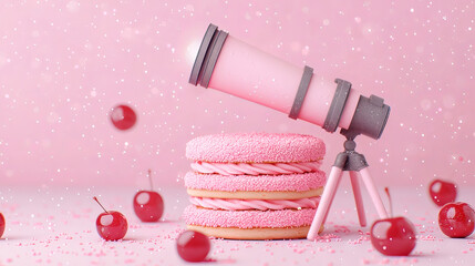 the scene is bathed in a consistent pink hue, featuring a small, toy telescope as the primary subject. the telescope is positioned atop a stack of frosted pastries