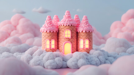 this fanciful scene depicts a small, tan, building resembling a castle, nestled amidst fluffy clouds.