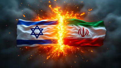 Flames cut between Israel and Iran flags