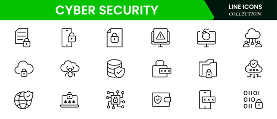 Robust vector web line icons depicting cybersecurity, firewalls, encryption, protection, and secure digital systems for safeguarding online environments.