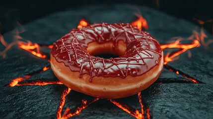 a close up image showcases a ring shaped pastry, glazed with a smooth, rich topping,