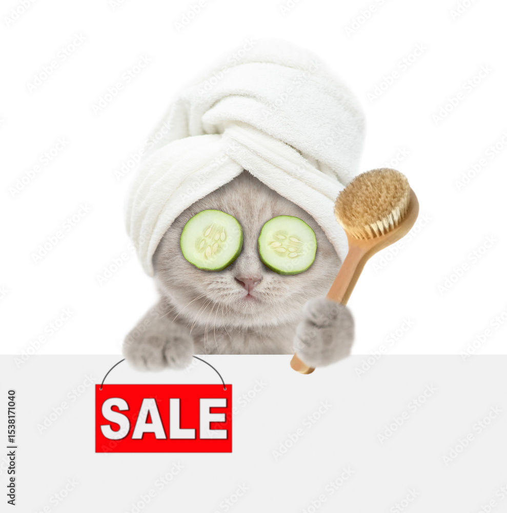 Poster cute kitten with slices of cucumber on it eyes wearing towel on it head holds shower brush and shows