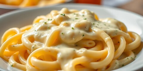 Creamy cheese sauce coating perfectly cooked pasta,  orange,  meal