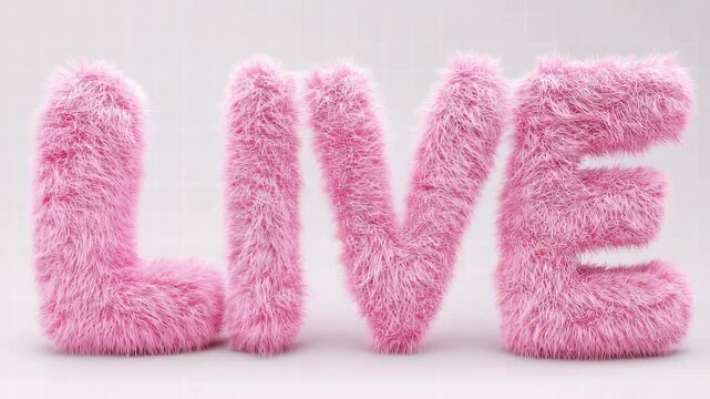 "Vibrant Furry 'LIVE' Typography: The word 'LIVE' takes center stage, crafted in fluffy, plush, pink fur, radiating a sense of playful energy. Perfect for themes related to broadcasting.