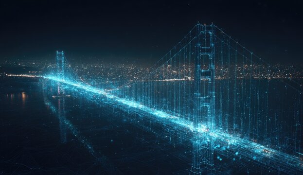 Night cityscape, digital bridge overlay