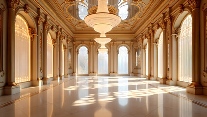 Obraz premium Sunlit Grand Ballroom with Ornate Gold Details and Marble Floors