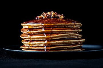 Stacked pancakes with syrup and nuts for a delightful breakfast treat