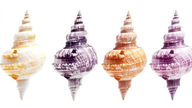 Colorful sea shells arranged in a row on a white background, showcasing natural beauty and variety