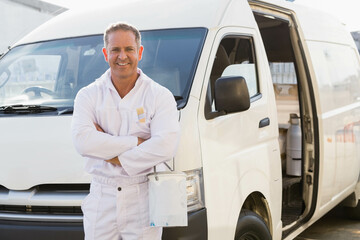 Middle-aged painter posing outside beside white van in overalls holding bucket smiling, copy space