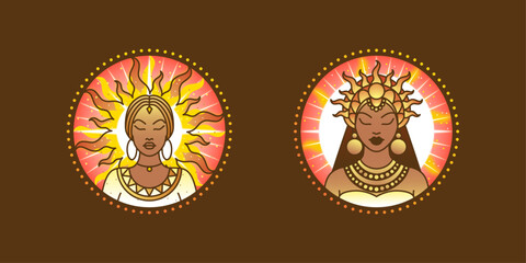 Set of Two Black Goddess Logo Designs with Sun, Stars, and Radiant Glow Background, Adorned with Crown and Ornaments, Divine, Feminine, Spiritual Branding for Beauty, Wellness, and Culture
