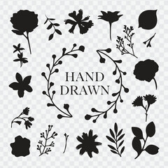 Hand drawn floral ornaments. Decorative flower, leaf and branch for wedding invitation design. Nature elements vector 