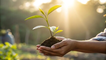 Hands holding young green plant with soil in morning sunlight. Concept of growth, sustainability, environment, and eco-friendly agriculture. Nature care and reforestation.
