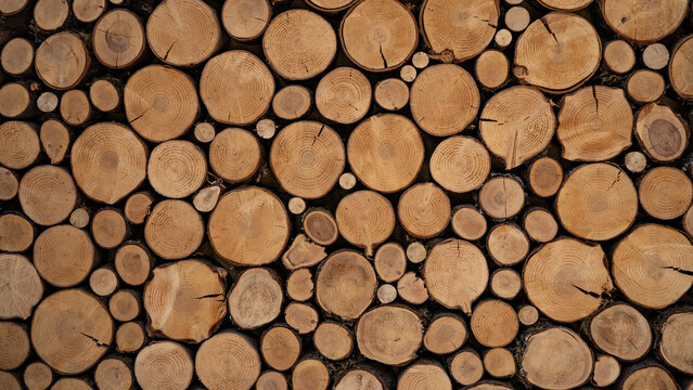 Pile stack of wood logs stumps - Wooden wall texture background