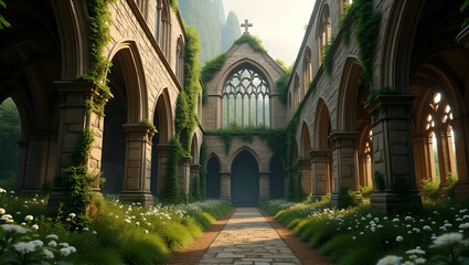 Fototapeta premium Sunlit Stone Cathedral Ruins Overgrown with Lush Vegetation and White Flowers