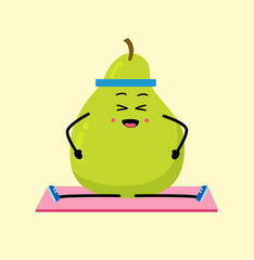 Cute strong pear character meditate in yoga pose. Cartoon pearn gym, health, fitness yoga meditate concept.